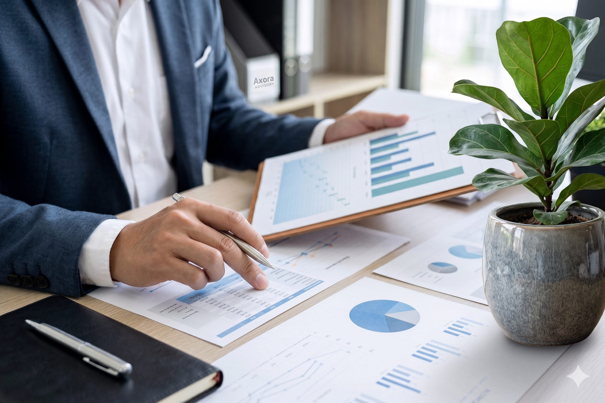 Professional financial analytics screen in a modern office